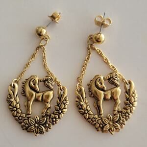 Vintage Earrings 80s Earrings Gold Tone Horse Floral Wreath Dangle Stud Earrings